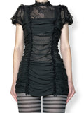 sheer lace ruched micro mini dress / tunic top (s-m)