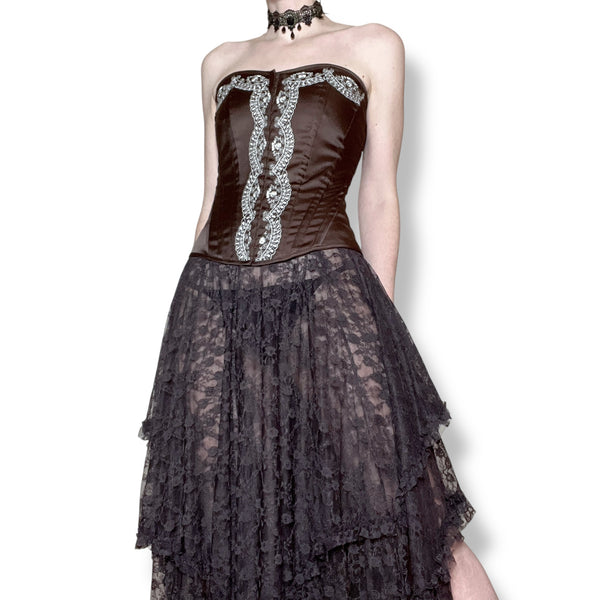 cocoa satin embroidered corset (m-l)