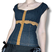 y2k denim milkmaid top (m-l)