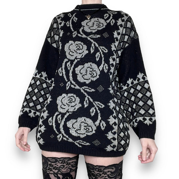 vintage gothic silver rose sweater (xs-m)