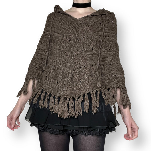 y2k cocoa cable knit hooded poncho (os)