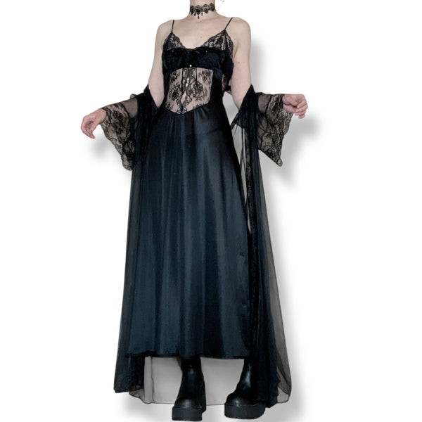 vintage dark sorceress satin slip gown set (s)