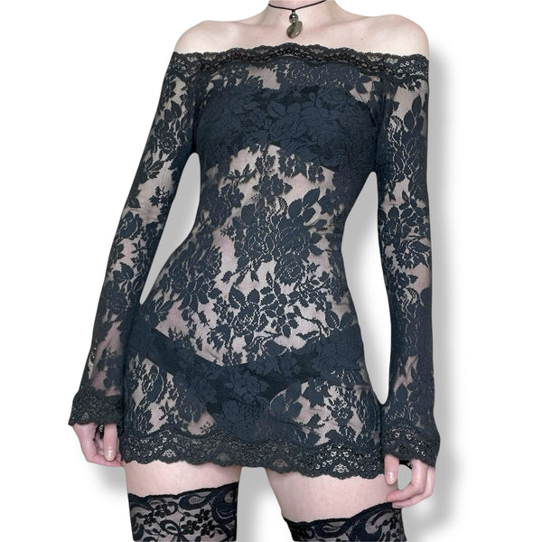 y2k vampire lace off-the-shoulder slip dress (m)