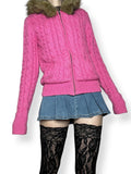 rare y2k vs pink cable knit fur lined hoodie (s)