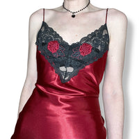 vintage blood red rose satin slip dress (m-l)