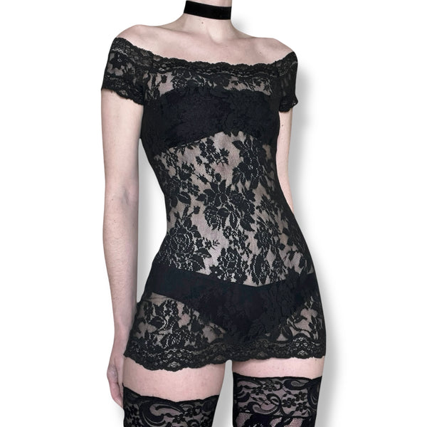 vintage sheer lace micro mini dress (m)